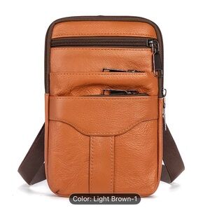 Men's Light Brown Top-Grain Genuine Leather Crossbody Bag Tote